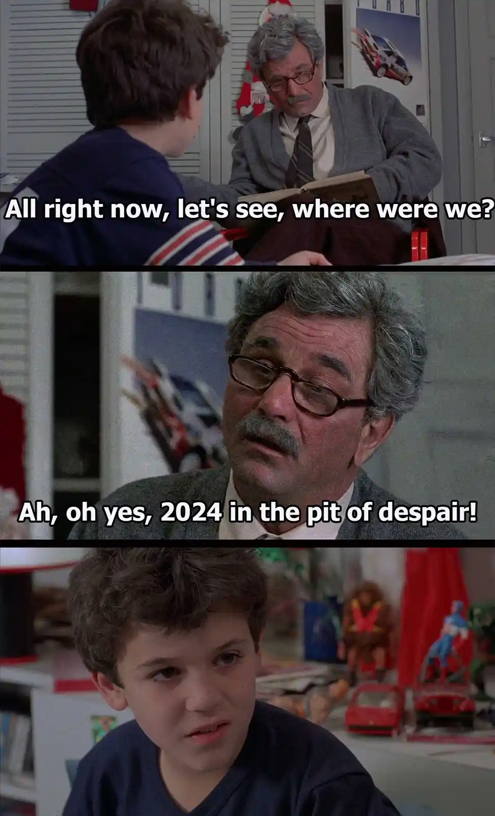 A three-panel meme from the movie 'The Sandlot' featuring a man with glasses and a mustache looking confused while holding a…