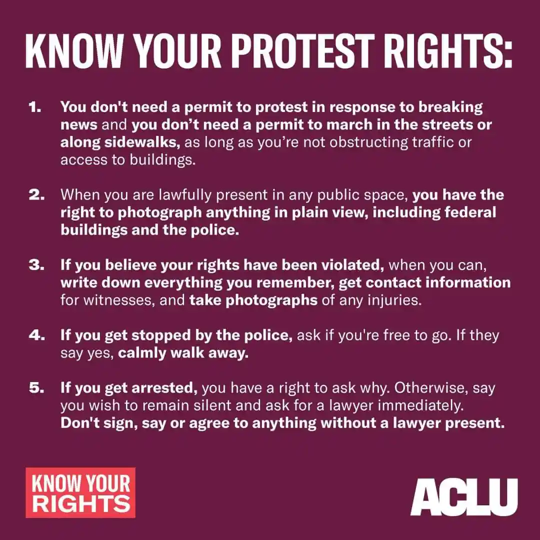 A maroon background infographic from the ACLU titled 'KNOW YOUR PROTEST RIGHTS:' lists five numbered legal guidelines for…