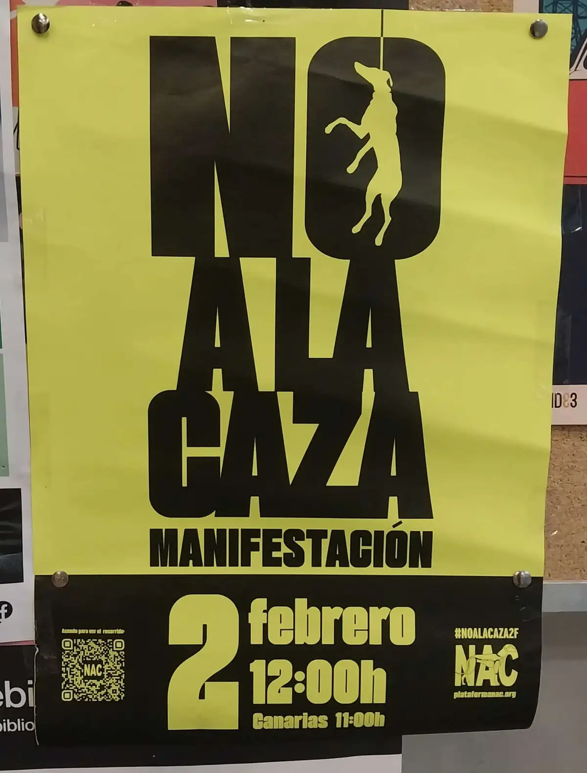 A bright yellow protest poster with bold black text reading 'NO A LA CAZA' and 'MANIFESTACIÓN'. The letter 'O' in 'NO' is…