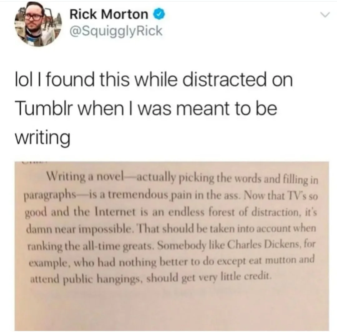 A screenshot of a tweet by Rick Morton (@SquigglyRick) showing a passage of text that humorously laments the difficulty of…