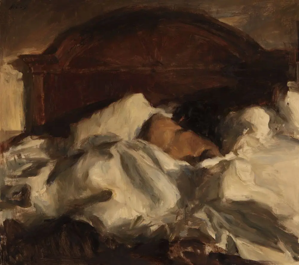 A dark, impressionistic painting shows a person curled up under rumpled white sheets on a bed with a dark wooden headboard…