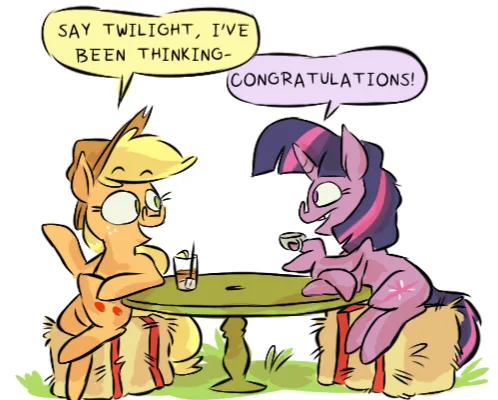 Two cartoon ponies sit at a small table outdoors. The pony on the left, with blonde hair and glasses, says 'SAY TWILIGHT…