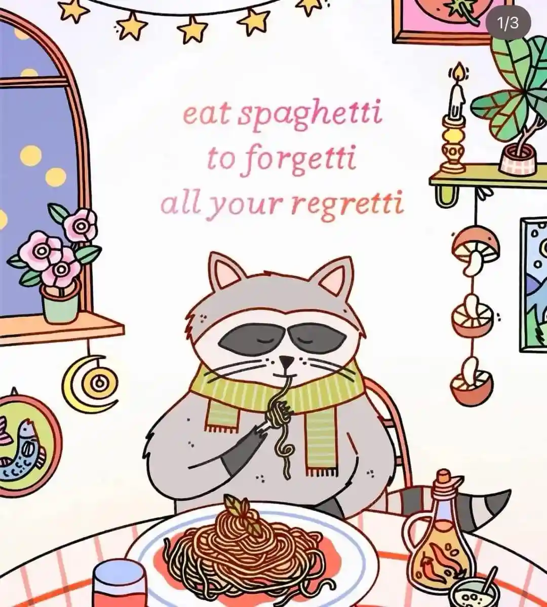 A cartoon raccoon wearing sunglasses and a green scarf sits at a table eating spaghetti, with text overlaid that reads 'eat…