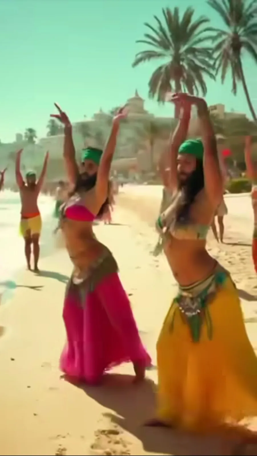 A group of men dressed in colorful belly dance costumes with headscarves and flowing skirts are dancing on a sunny beach…