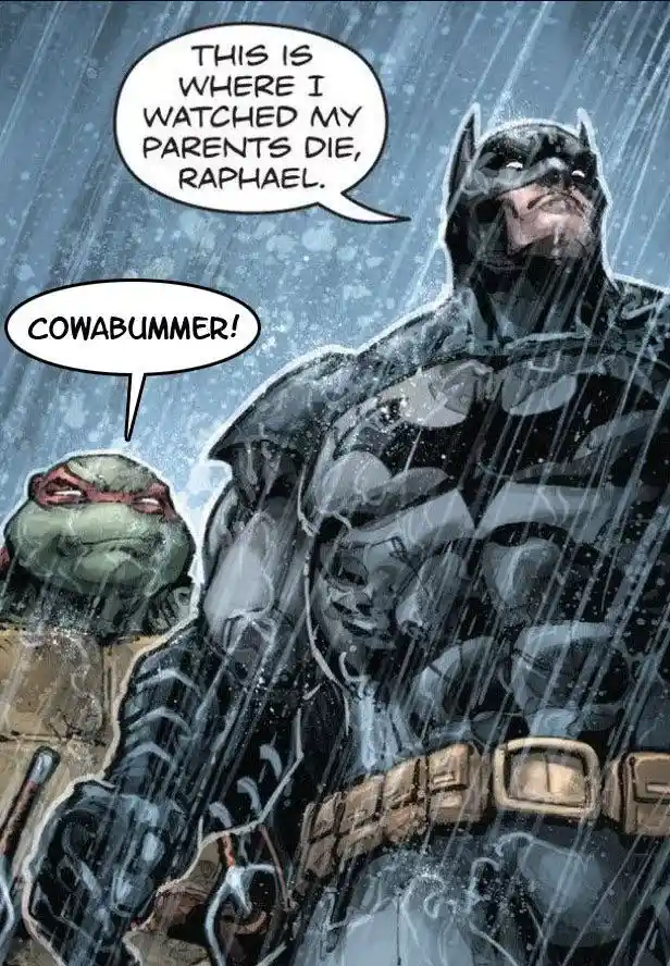 Batman stands in the rain, looking solemn, while Raphael from Teenage Mutant Ninja Turtles looks up at him. Batman's speech…