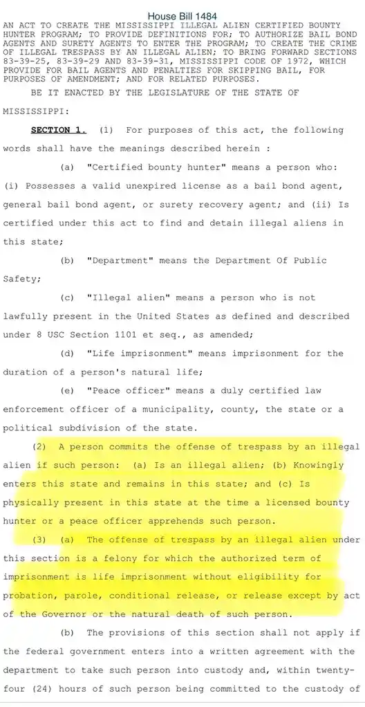 The image displays a section of a legal document titled 'House Bill 1484' from the State of Mississippi, which outlines a…