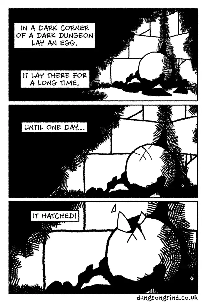 A three-panel black-and-white comic strip shows an egg in a dark dungeon corner. The first panel says 'IN A DARK CORNER OF A…