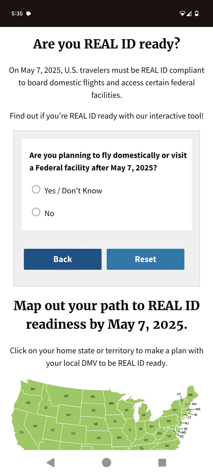 A screenshot of a U.S. government website asking if users are 'REAL ID ready' by May 7, 2025, for domestic flights and…