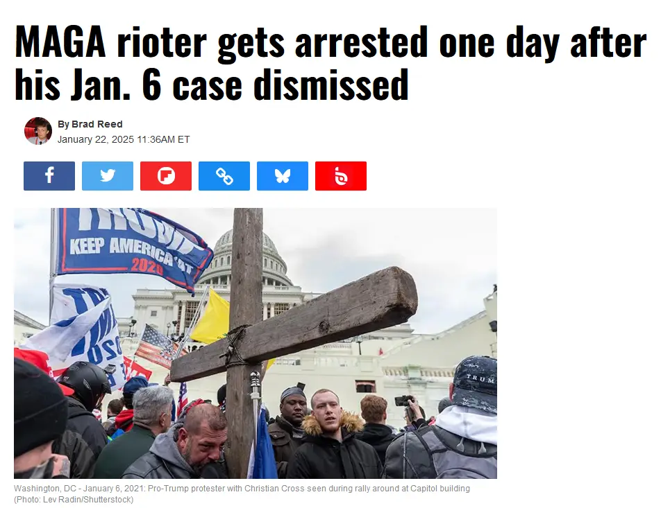 A news article screenshot shows a photo from January 6, 2021, of a protest near the U.S. Capitol building. A man in the…