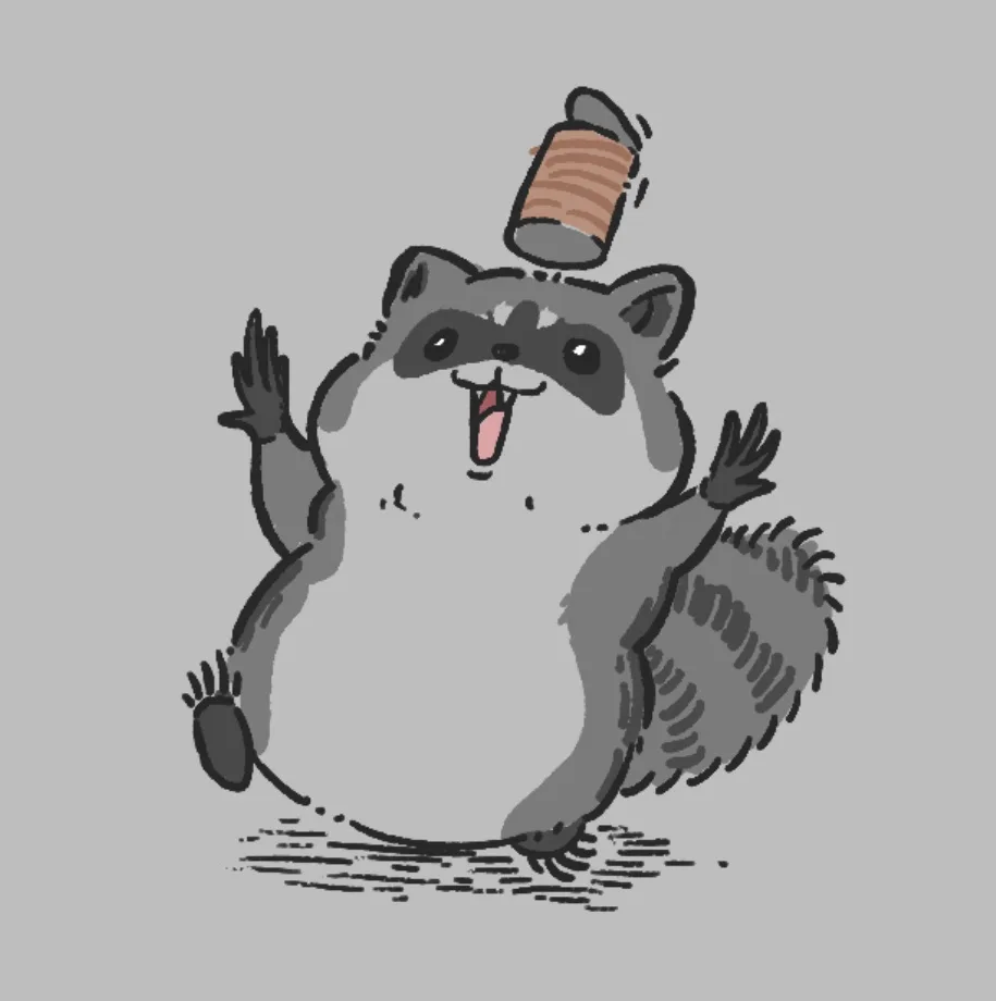 A cartoon raccoon with a wide, joyful expression and arms raised in celebration has a can of tuna balanced precariously on…