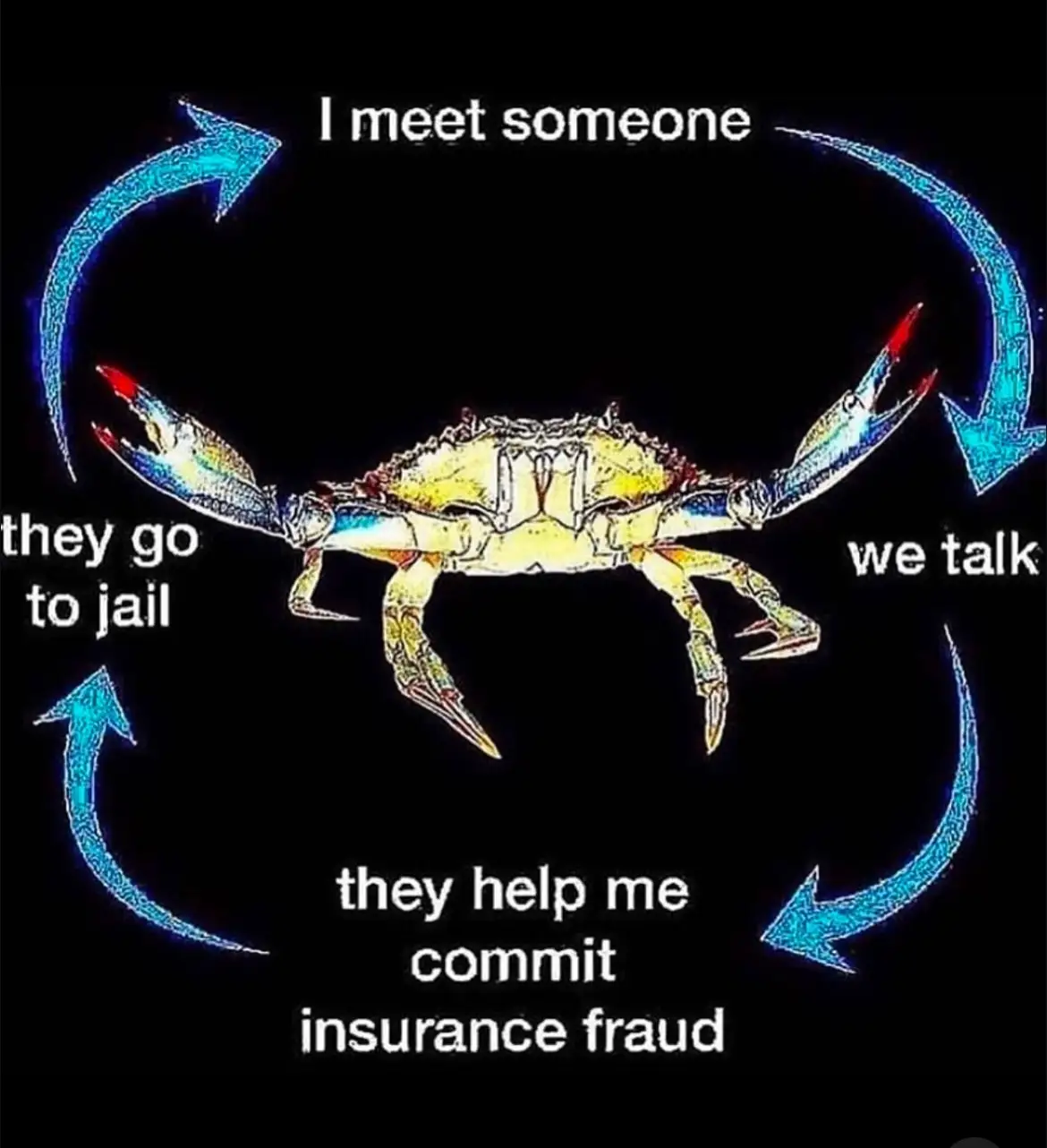 A colorful crab illustration is centered on a black background, surrounded by four glowing blue arrows forming a circular…