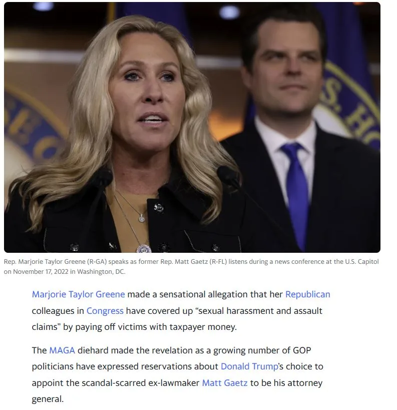 A photo shows Rep. Marjorie Taylor Greene speaking at a press conference with former Rep. Matt Gaetz standing behind her…