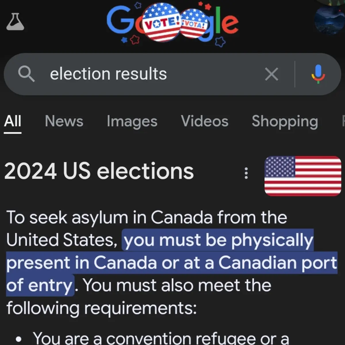 A screenshot of a Google search for 'election results' shows a search result titled '2024 US elections' with an American…