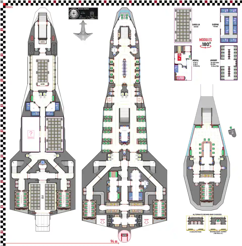 A detailed floor plan of a spaceship called 'Genesis Starliner' shows its internal layout with labeled sections like cargo…