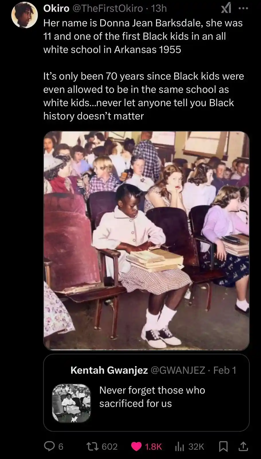 A vintage color photograph shows an 11-year-old Black girl, Donna Jean Barksdale, sitting alone in a classroom full of white…
