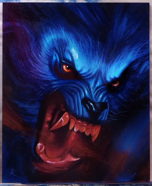 A dramatic painting of a snarling, blue-furred werewolf with glowing red eyes and bared fangs, set against a dark…