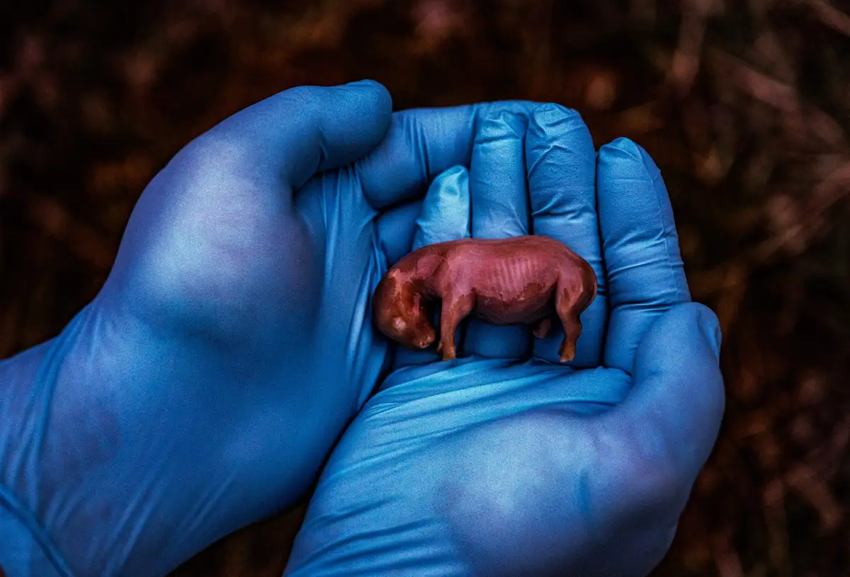 A hand wearing a blue nitrile glove gently cradles a tiny, hairless, pink newborn piglet. The piglet is curled up and…