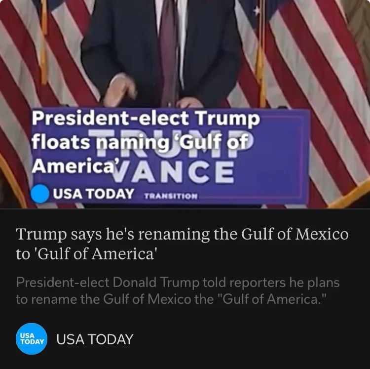A screenshot of a USA TODAY news report shows a man in a suit standing at a podium with 'TRUMP VANCE' written on it, flanked…