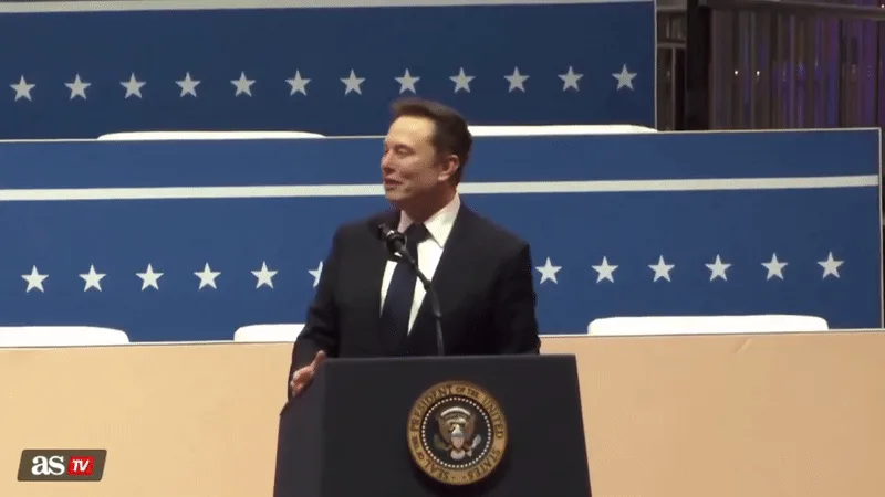A six-panel image sequence shows Elon Musk at a podium with the presidential seal, initially speaking, then touching his…