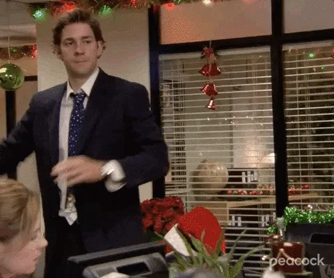 A six-panel image sequence from 'The Office' shows Jim Halpert throwing snow at Dwight Schrute, who is then shown covered in…