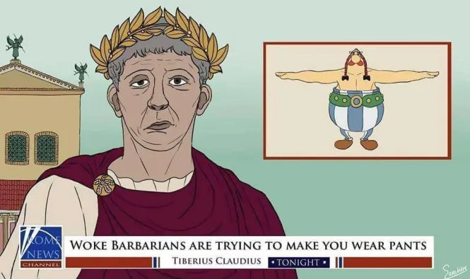 An illustrated Roman emperor, Tiberius Claudius, looks concerned while a news ticker at the bottom reads 'WOKE BARBARIANS…