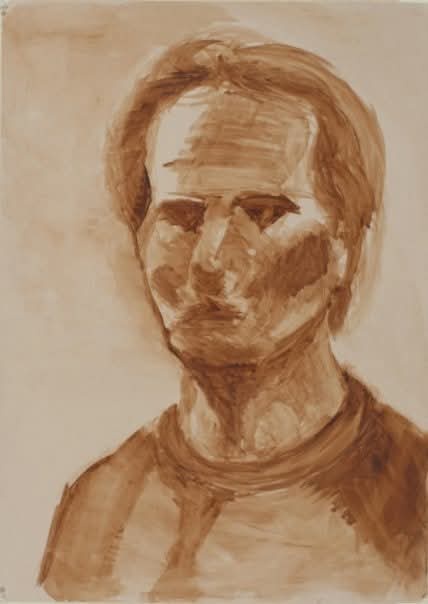 A sepia-toned, sketchy portrait of a man with a neutral to slightly displeased expression, overlaid with the text 'i'm not a…