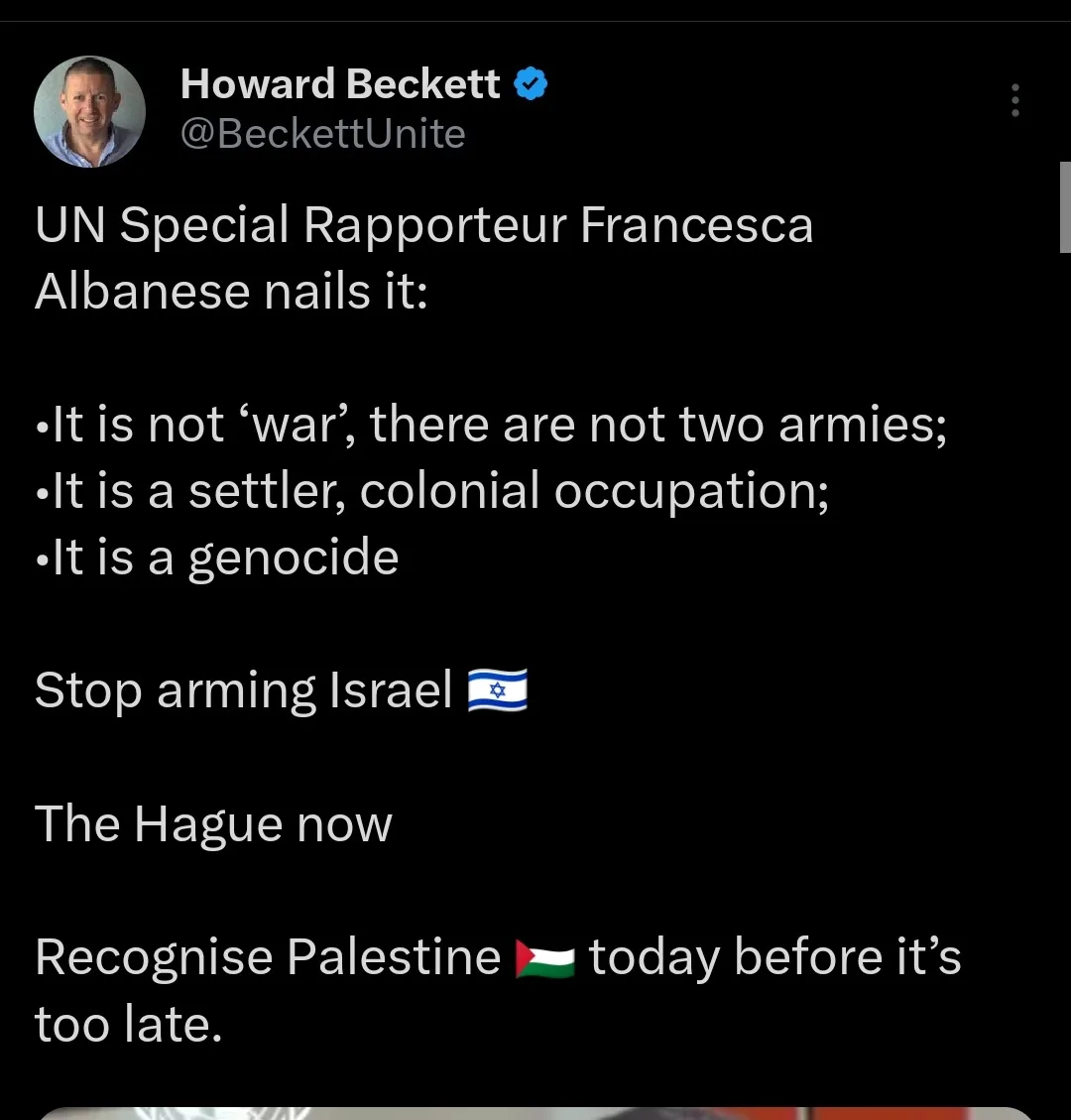 A screenshot of a tweet by Howard Beckett (@BeckettUnite) with a black background and white text. The tweet quotes UN…