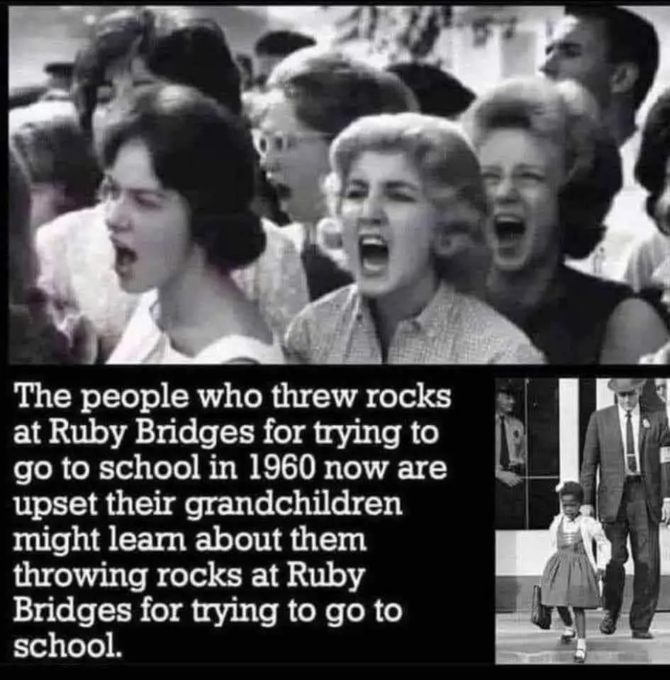 A black-and-white photo shows a group of angry, shouting white women from the 1960s. Below, a smaller inset photo shows Ruby…