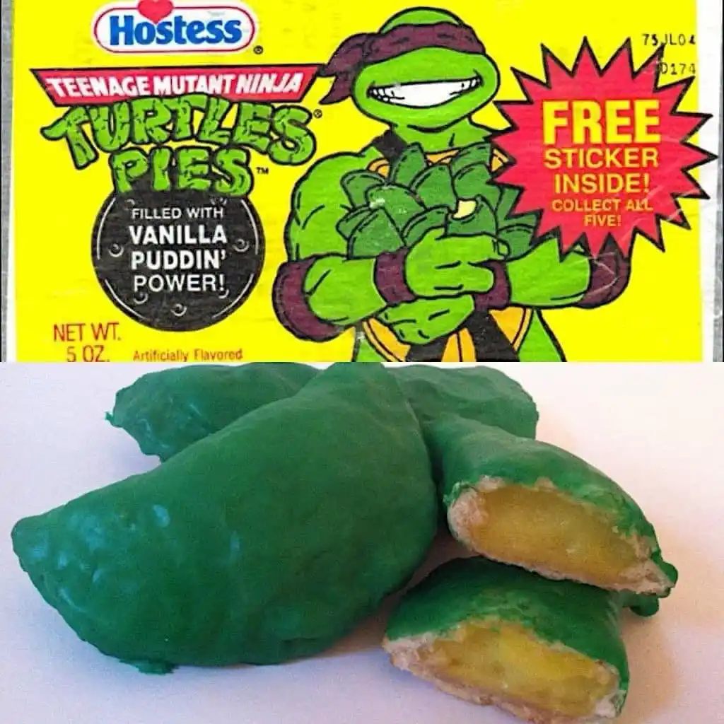 The image displays a Hostess Teenage Mutant Ninja Turtles Pies box featuring a green ninja turtle character, with text…