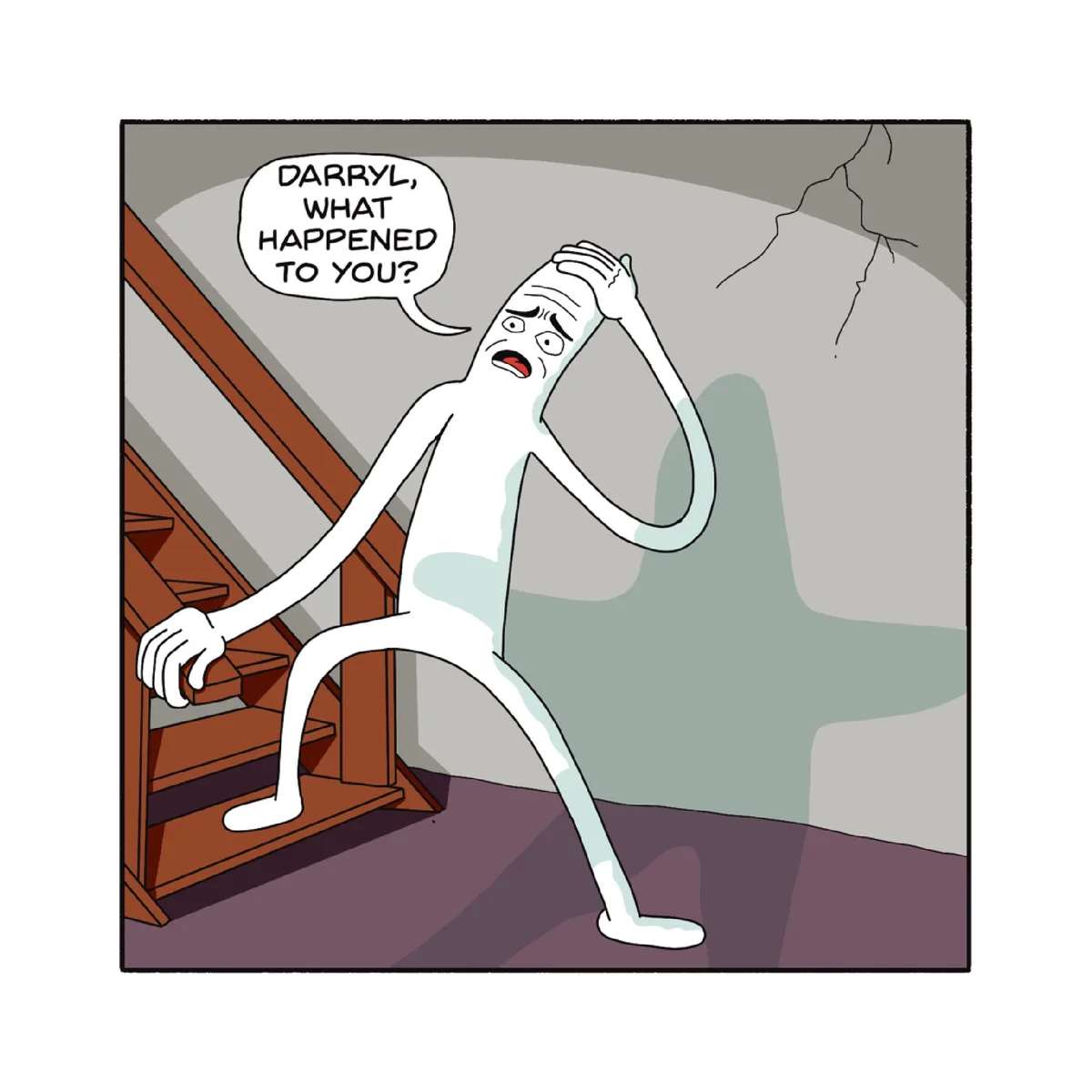 A white stick figure with a distressed expression sits on a wooden staircase, holding its head with one hand. The background…