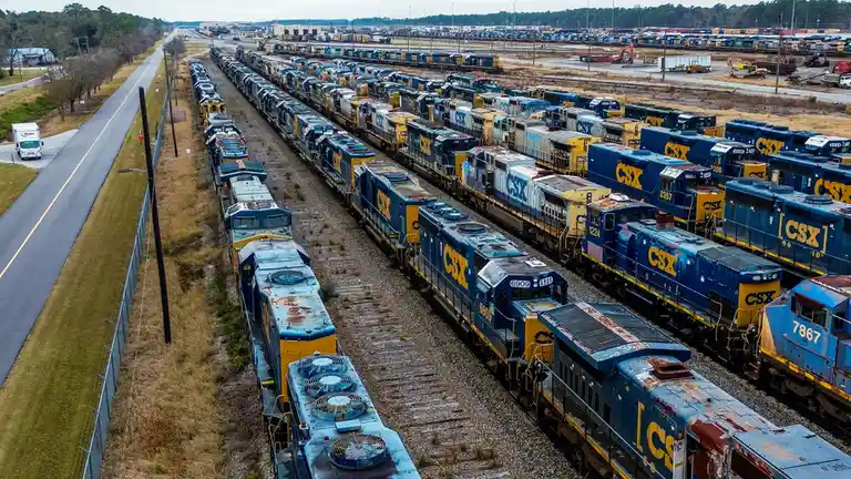 An aerial view shows dozens of CSX railroad locomotives parked in long, parallel rows at a rail yard, many appearing rusty…