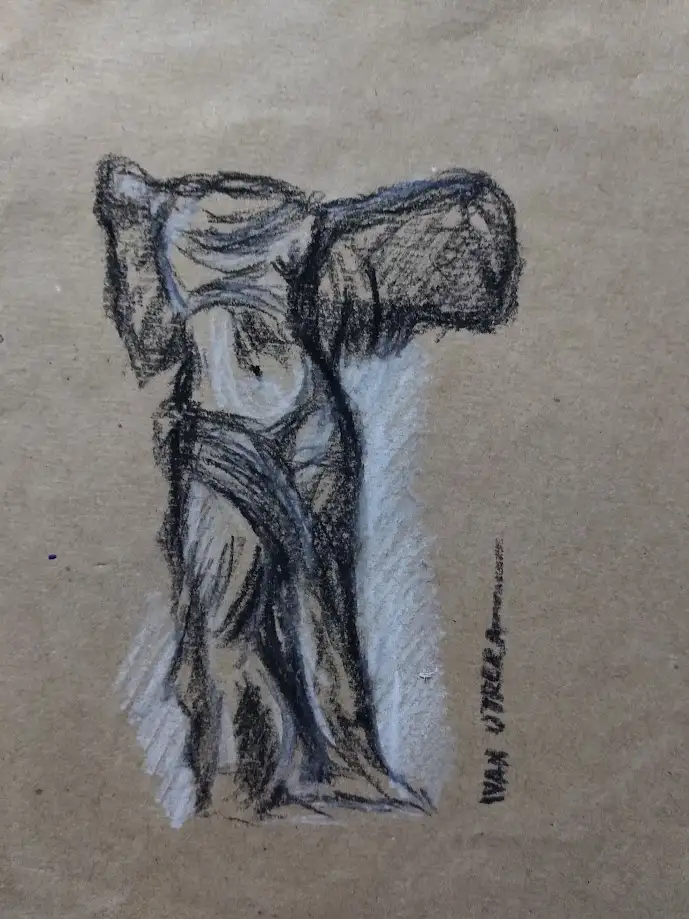 A rough charcoal sketch on brown paper depicts a human figure with arms raised, resembling a classical statue. The artist's…