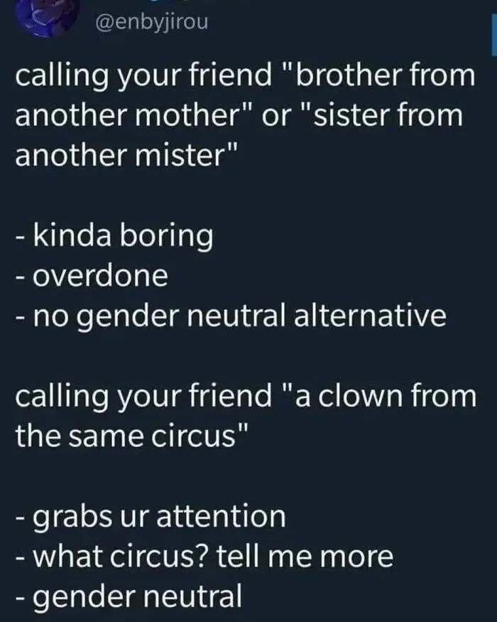 A dark-themed social media post compares calling a friend 'brother from another mother' or 'sister from another mister' to…