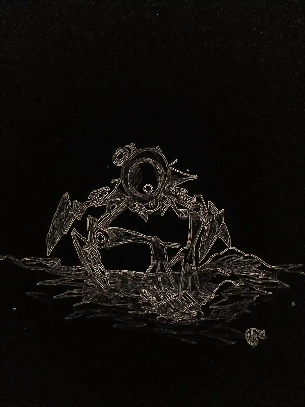 A black-and-white sketch depicts a menacing, multi-limbed robotic creature with a large central eye, emerging from a dark…