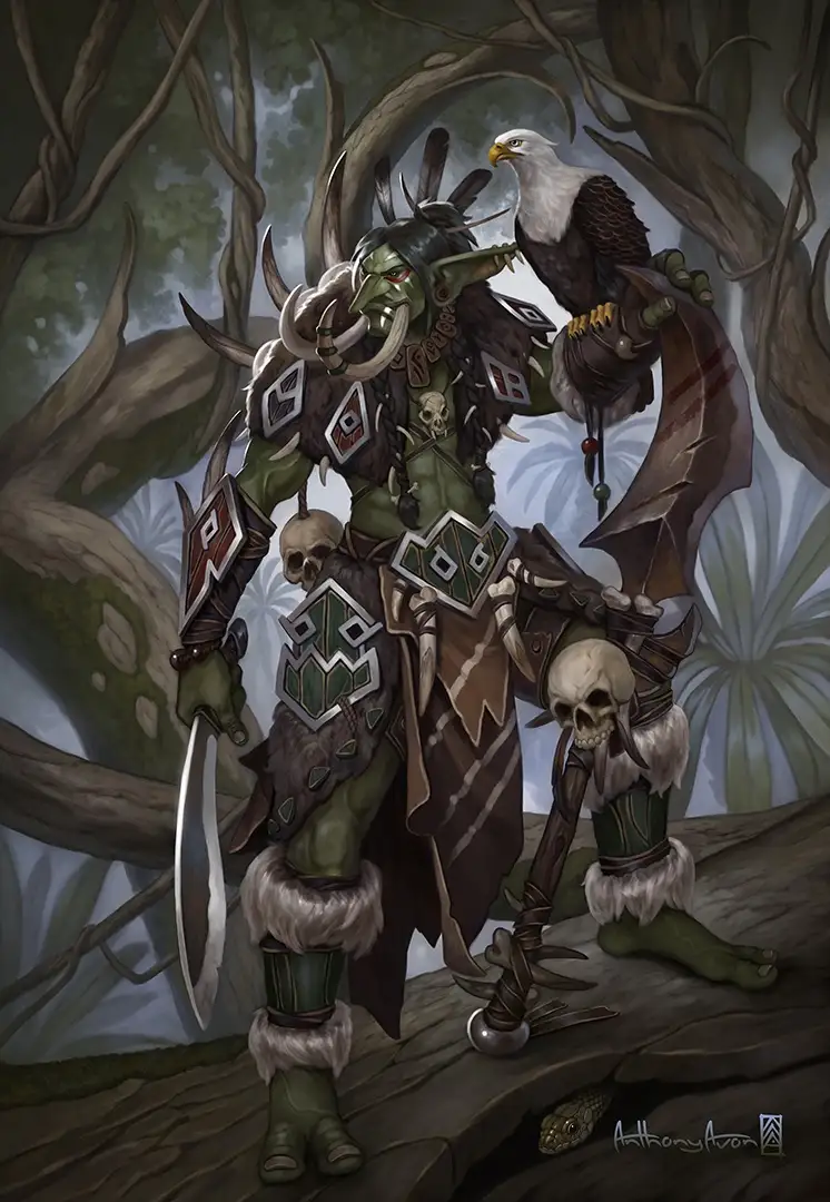 A green-skinned orc warrior with tusks, wearing tribal armor adorned with skulls and feathers, stands in a forest. A bald…