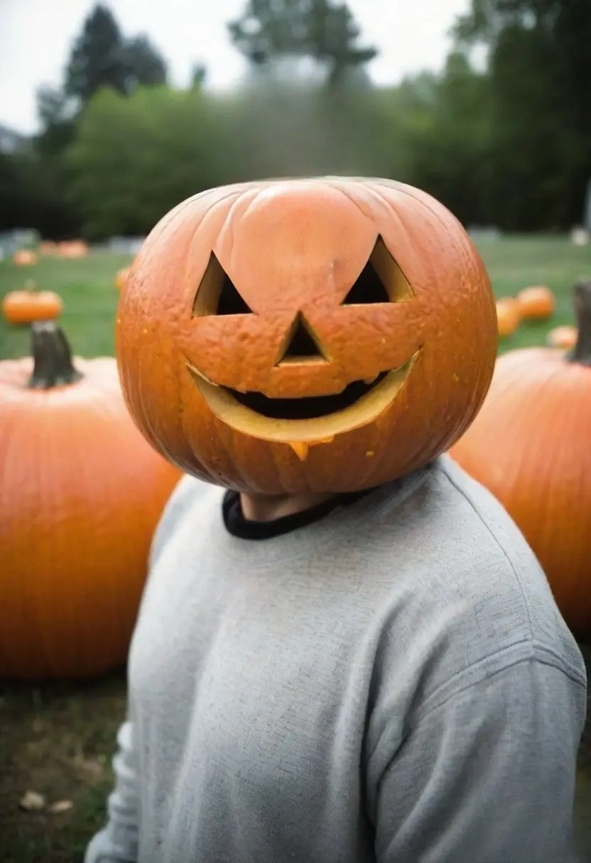 A person wearing a grey sweatshirt has a carved jack-o'-lantern pumpkin placed over their head, obscuring their face. The…