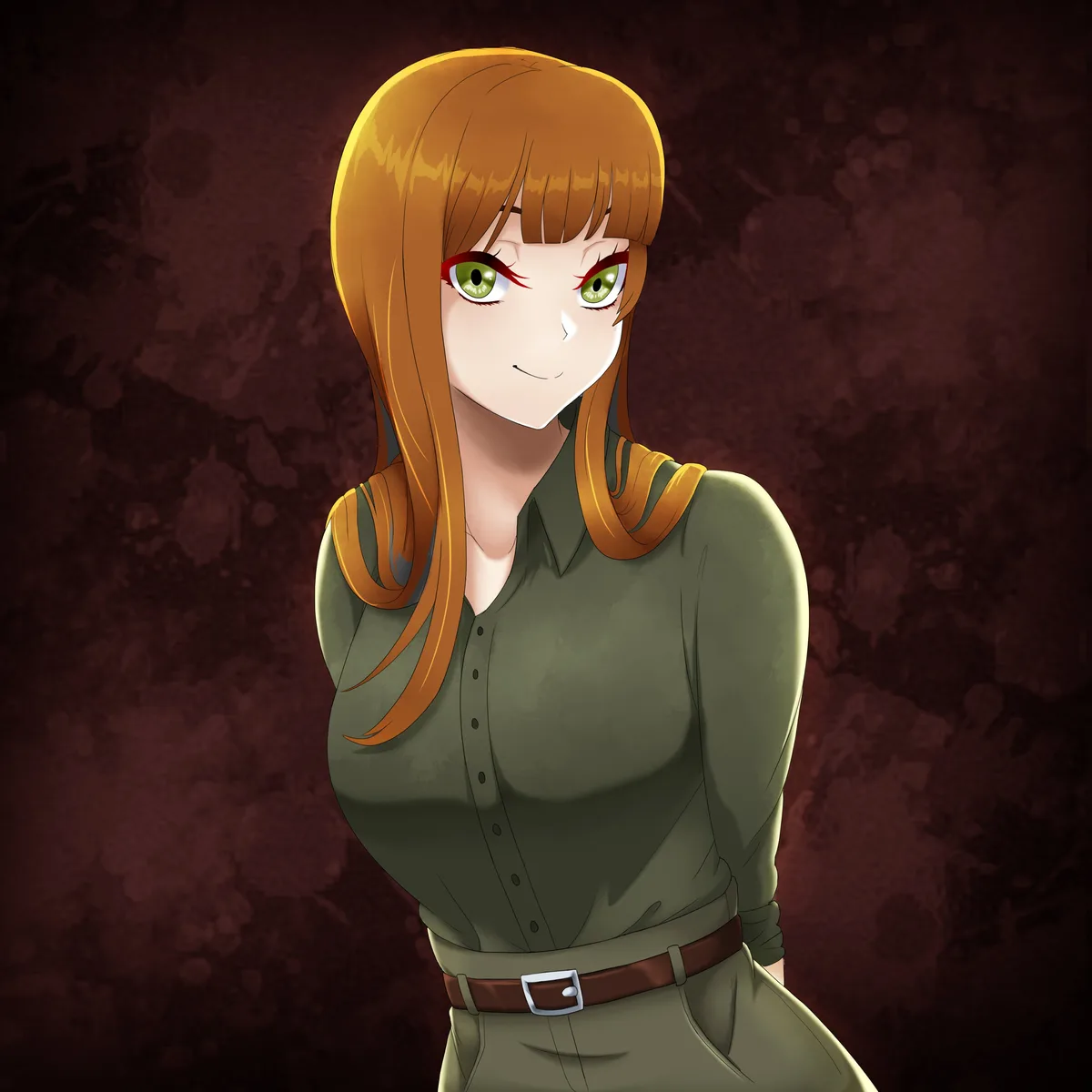 An anime-style illustration of a woman with long orange hair, green eyes, and red eyeliner, wearing a green button-up shirt…