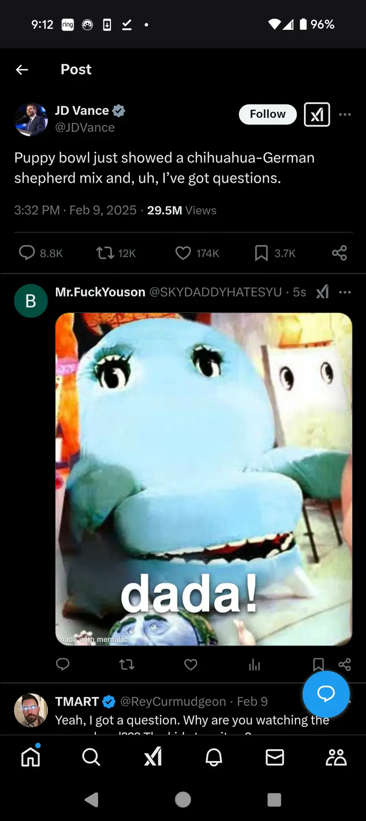 A screenshot of a social media post shows a user reacting to a puppy bowl event, followed by a reply containing a meme image…