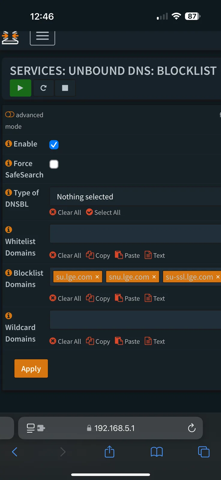 A screenshot of a router's Unbound DNS settings page shows three LGE-related domains—su.lge.com, snu.lge.com, and…
