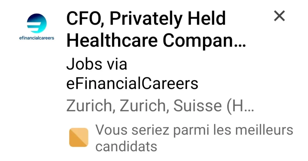 A screenshot of a job posting from eFinancialCareers for a CFO position at a privately held healthcare company in Zurich…
