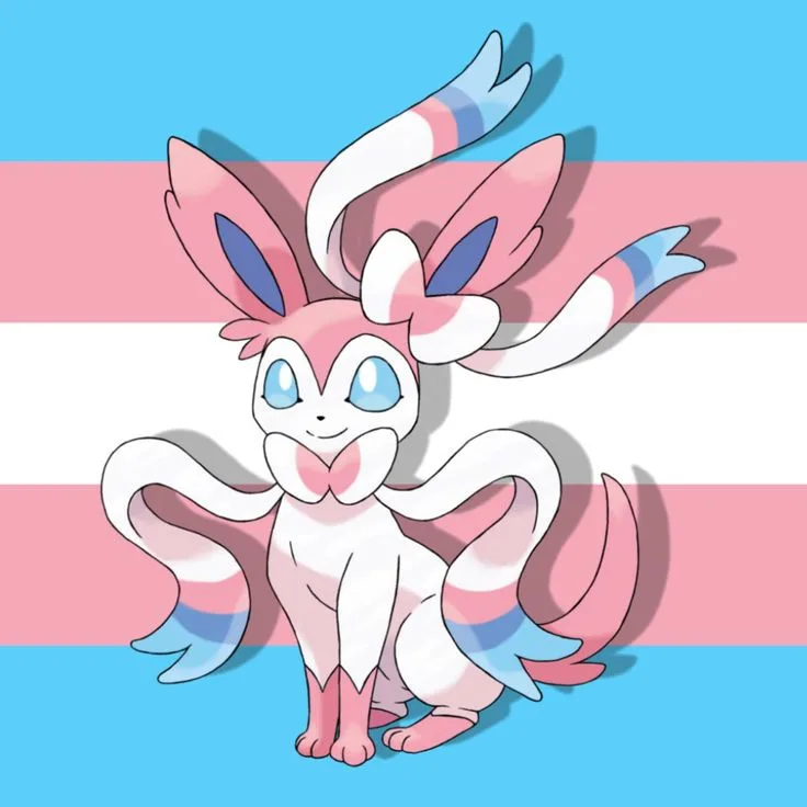 A pink and white anime-style Pokémon named Sylveon is depicted sitting upright against a background of the trans pride flag…