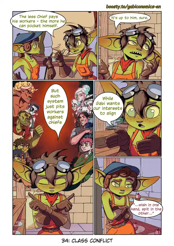 A comic strip featuring green-skinned, elf-like characters in a workshop setting. One character explains that the less a…