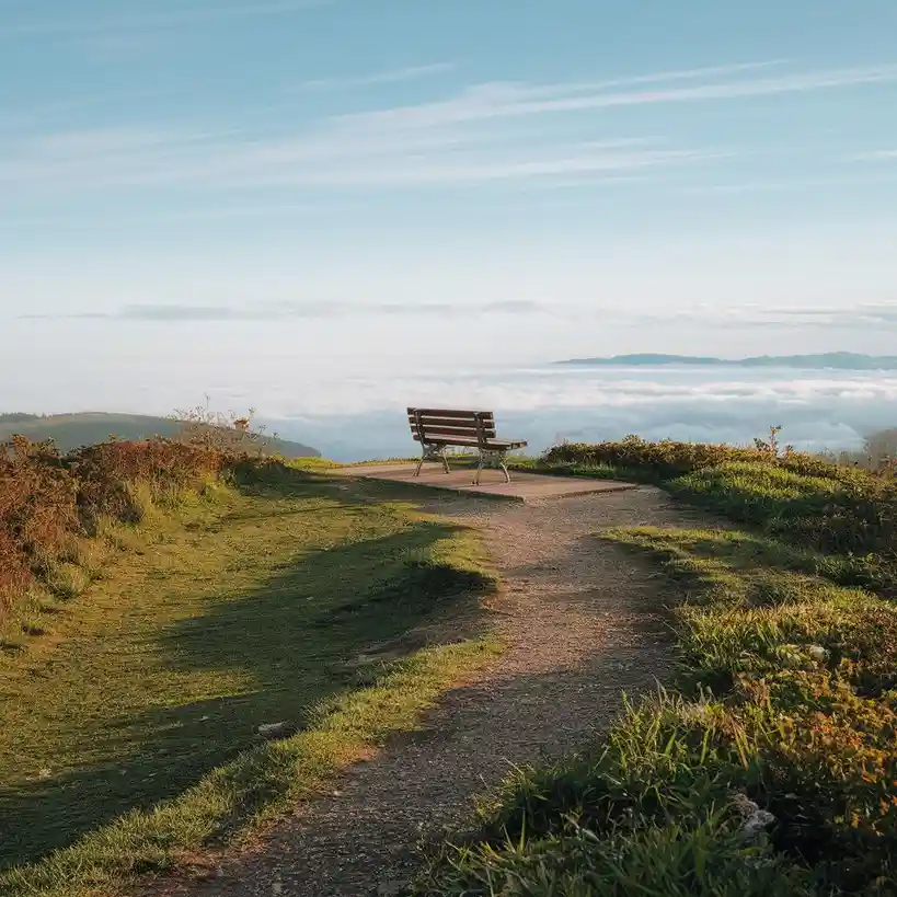 A solitary wooden bench sits atop a grassy hill overlooking a vast sea of clouds, with a dirt path leading up to it under a…