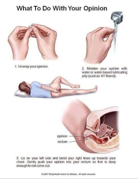 An illustrated medical diagram humorously titled 'What To Do With Your Opinion' shows three steps: unwrapping an opinion…