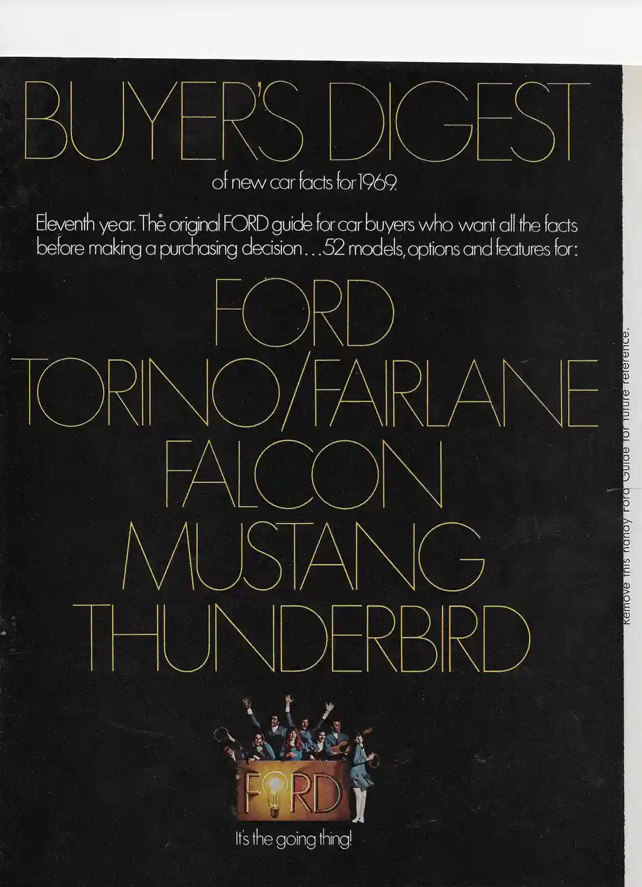 A 1969 Ford Buyer's Digest advertisement features gold-outlined text listing models like Mustang and Thunderbird against a…