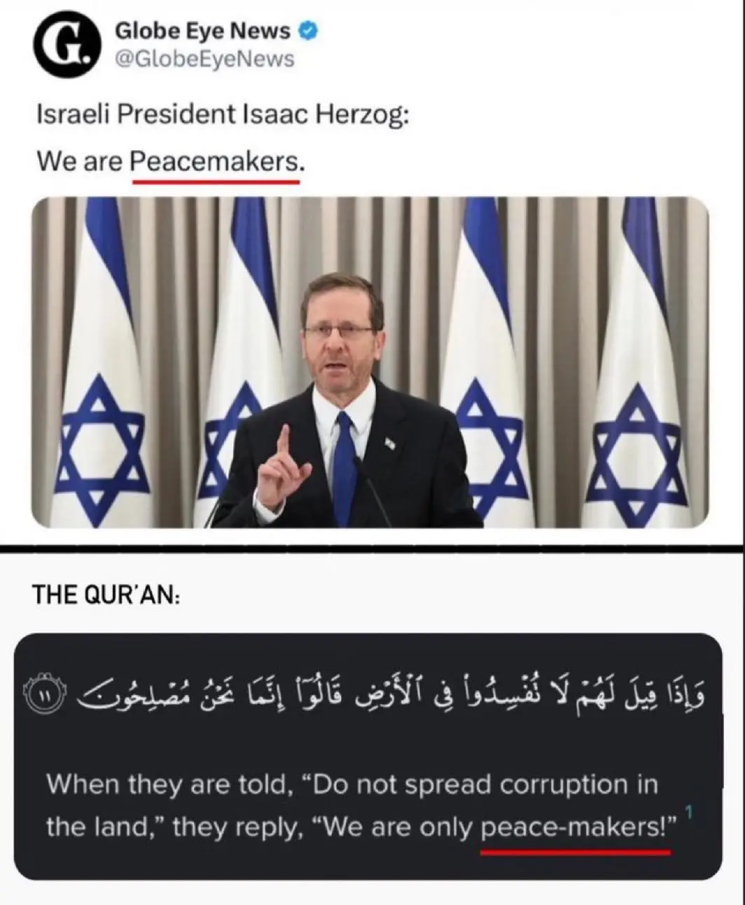 A screenshot of a tweet from Globe Eye News showing Israeli President Isaac Herzog speaking in front of Israeli flags, with…