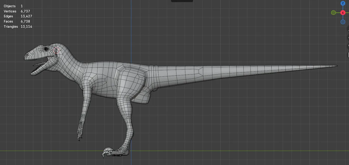 A wireframe 3D model of a theropod dinosaur, resembling a velociraptor, is shown in a 3D modeling software interface with…