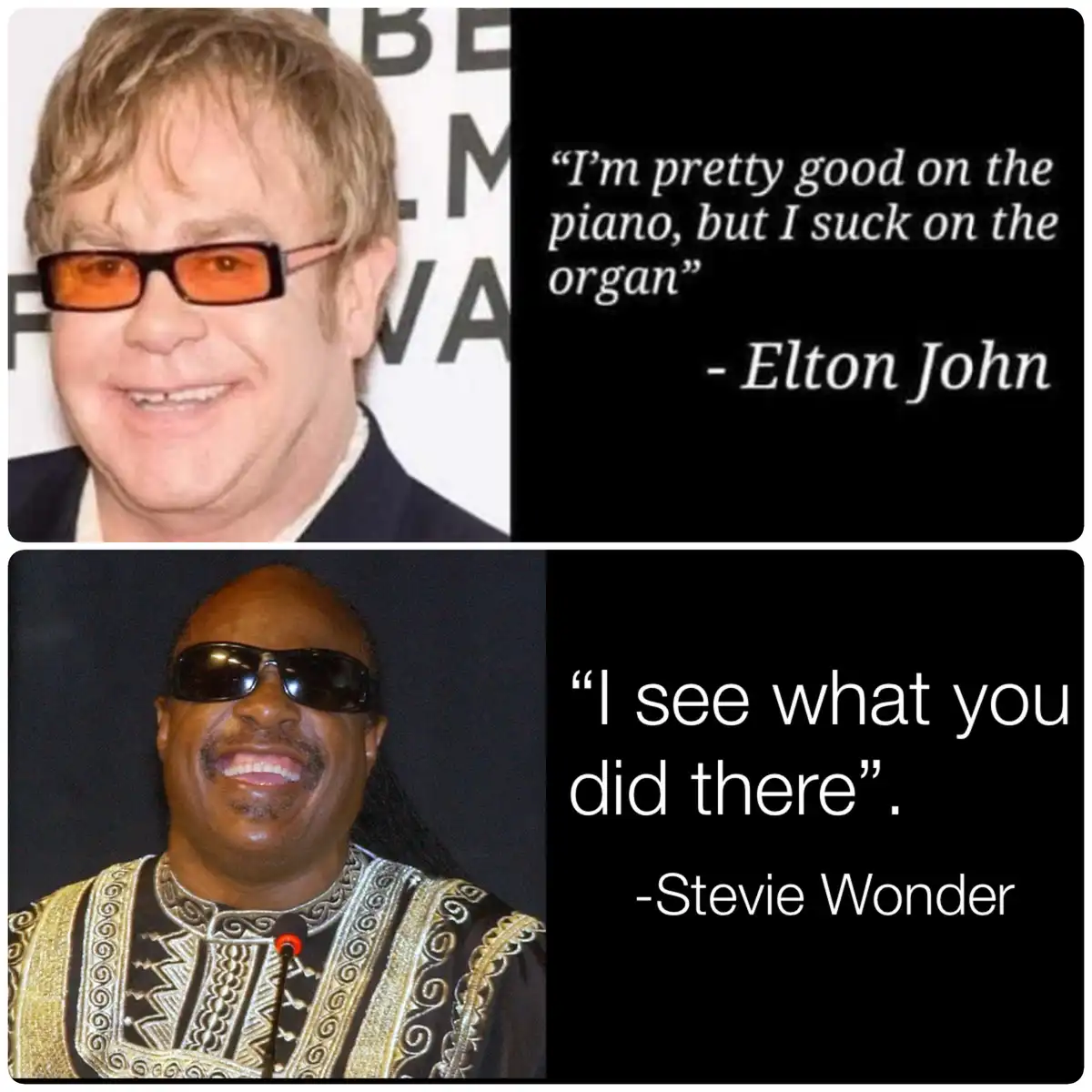 The image is split into two panels. The top panel shows Elton John wearing orange-tinted glasses and smiling, with text…
