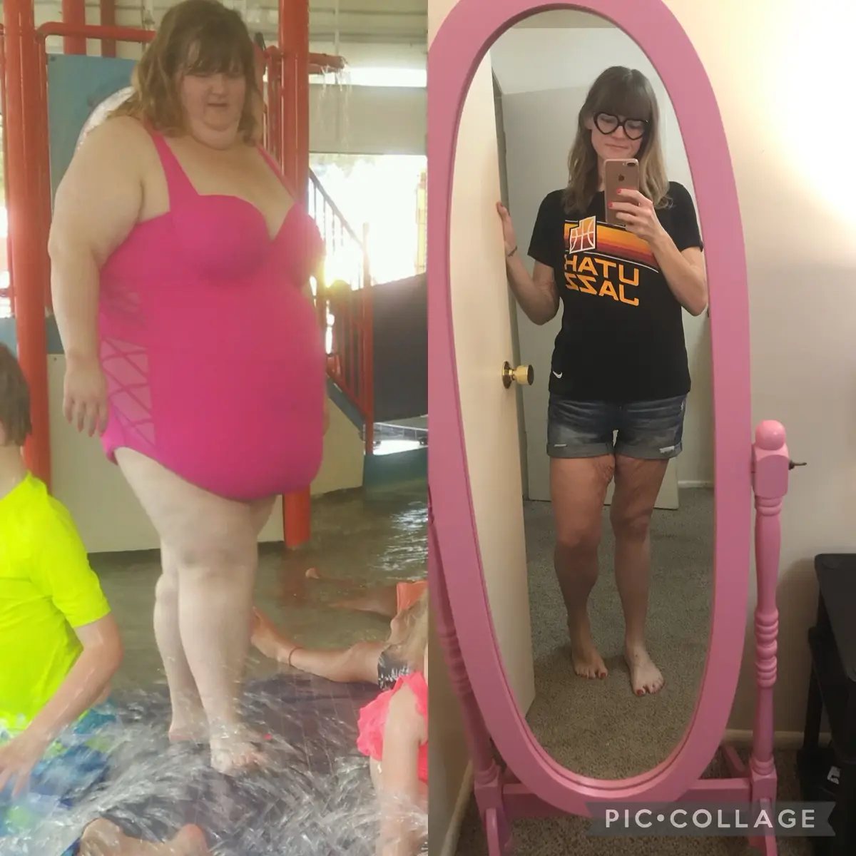 A side-by-side image shows a woman in a pink swimsuit standing in a water play area on the left, and the same woman in a…