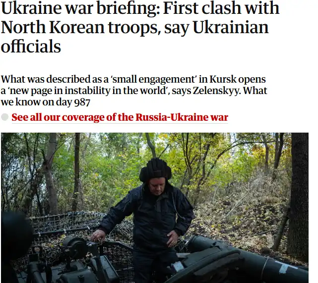 A screenshot of a news article with the headline 'Ukraine war briefing: First clash with North Korean troops, say Ukrainian…